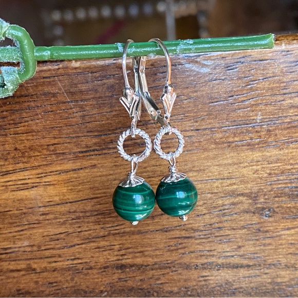 Malachite Earrings Sterling Silver Lever Back natural gemstone - Picture 5 of 11